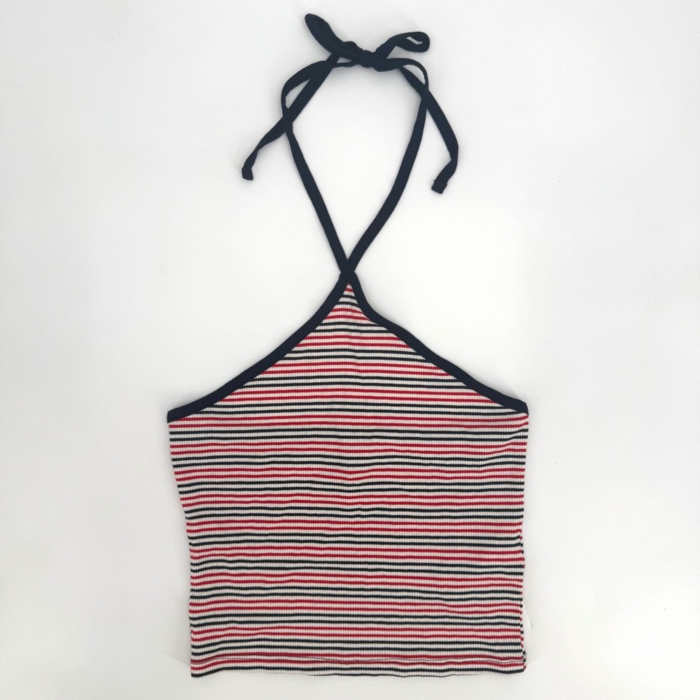 Y2K Cropped Striped Ribbed Halter Top Tie Neck Red White Blue Fourth of July